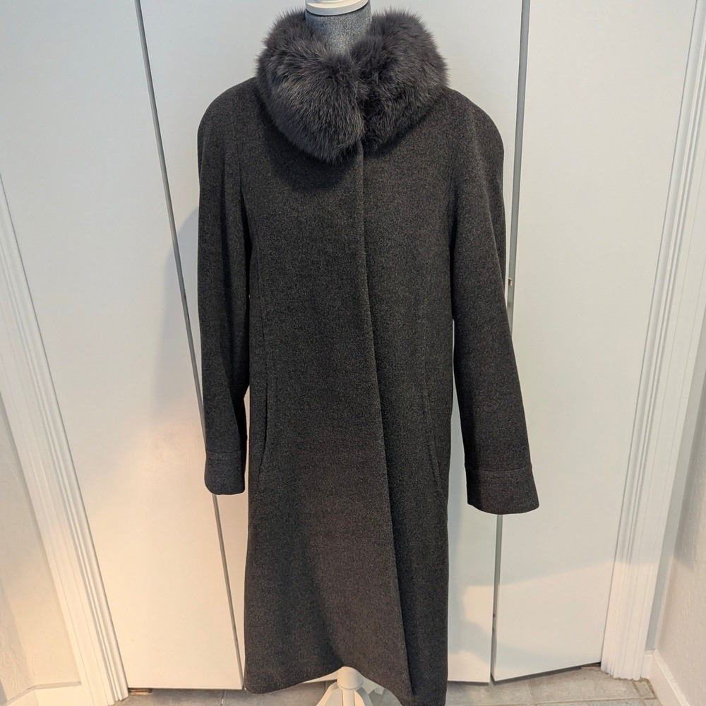 Albert Nipon Womens 10 Wool Fox Fur Trim Coat Charcoal Grey Longline 891697L - Picture 2 of 15